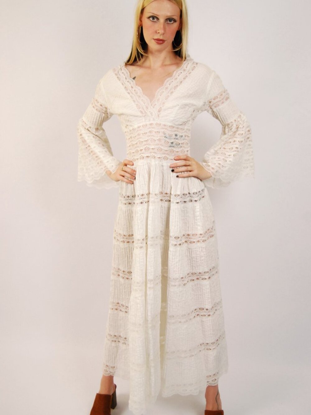 Y2K Prairie Maxi Dress (M) medium white vintage English Factory boho long tall